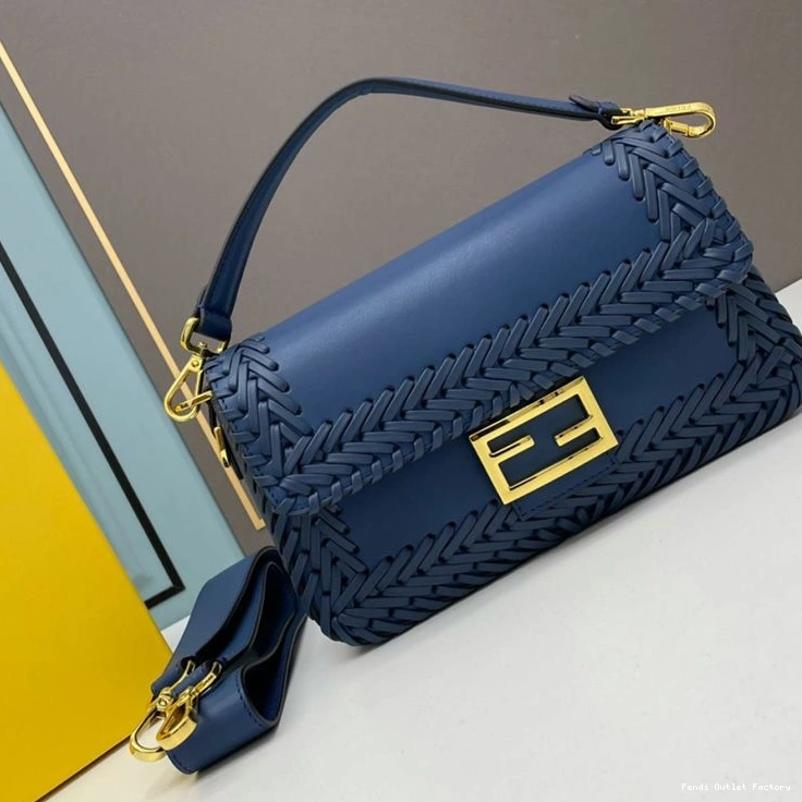 HOT Bag In Fendi Blue Leather Medium Stitching Baguette 0723